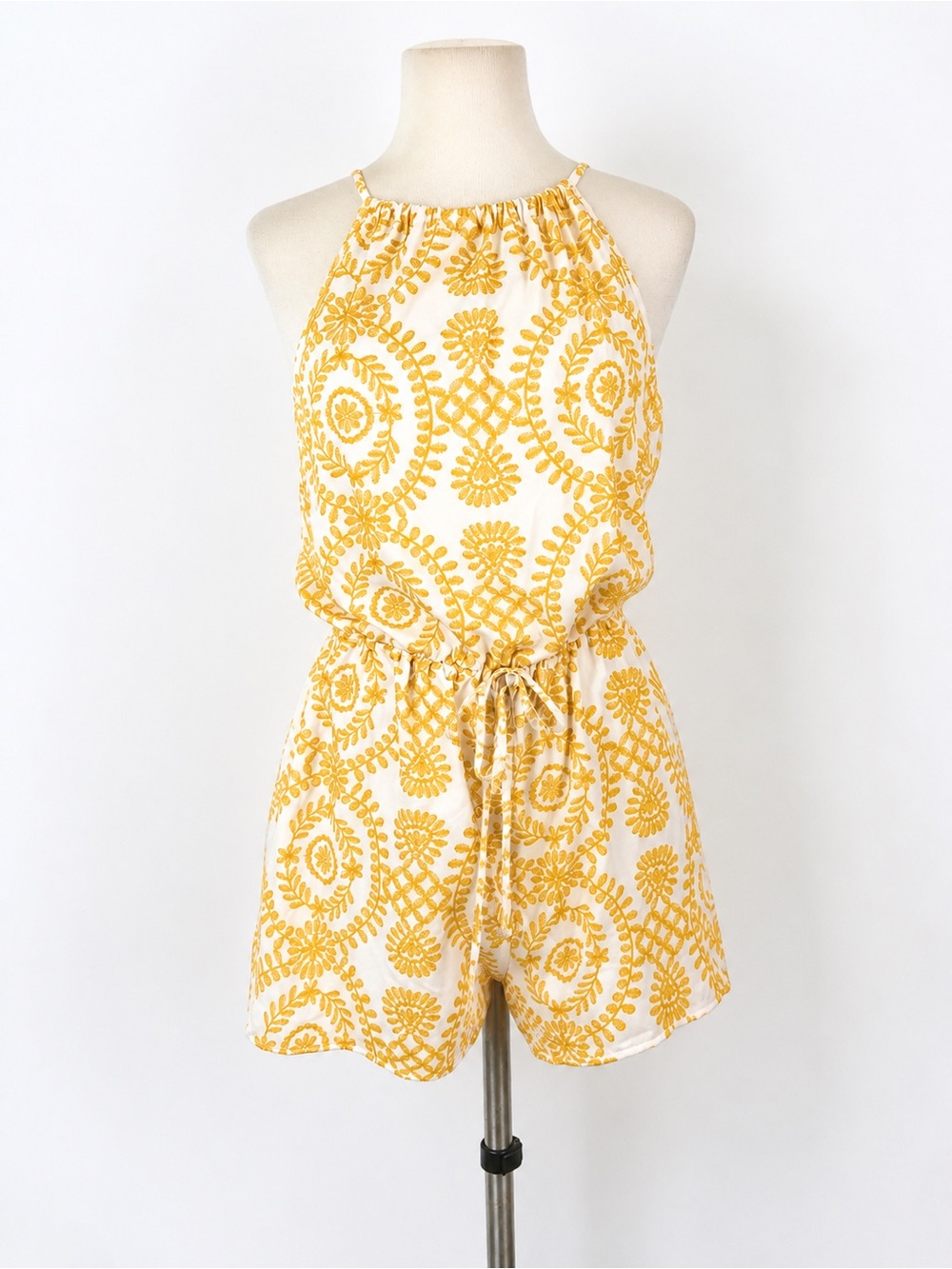 SHEIN White and Yellow Halter Romper with Embroidered Pattern